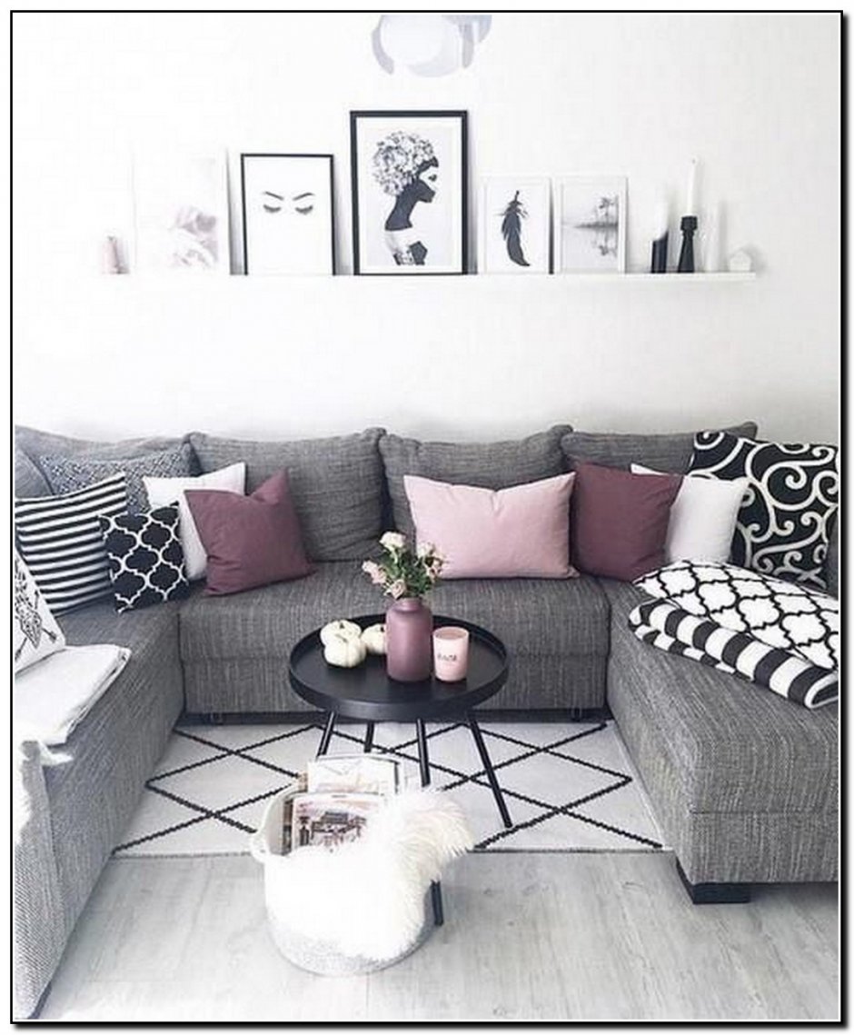 Серый диван с яркими подушками (57 фото)