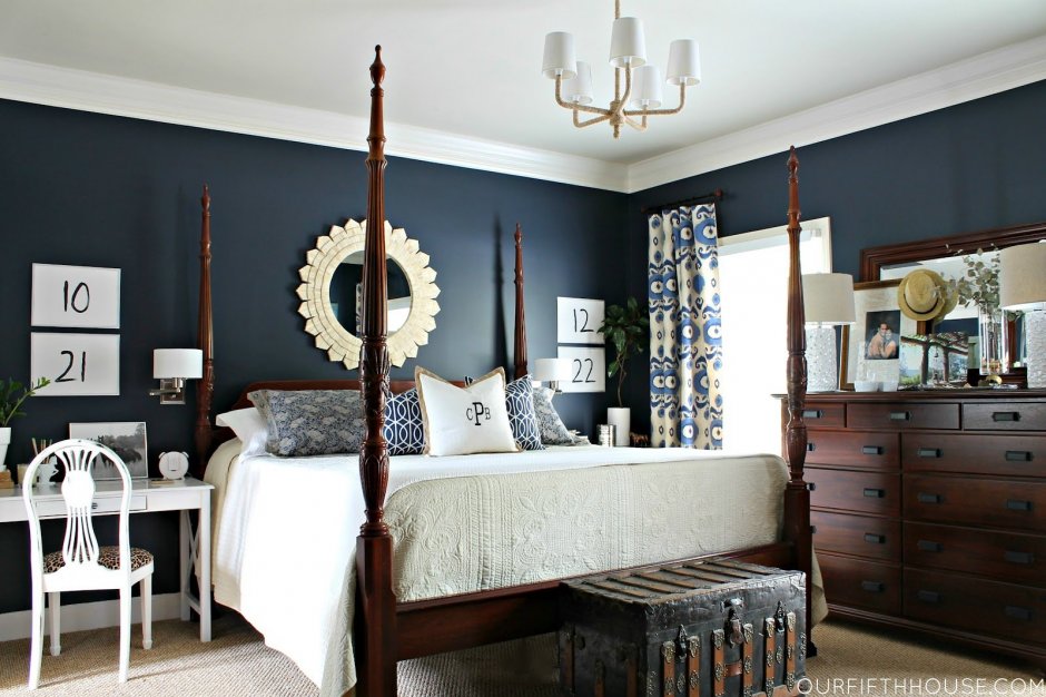 Сочетание коричневых и синих цветов в интерьере спальни