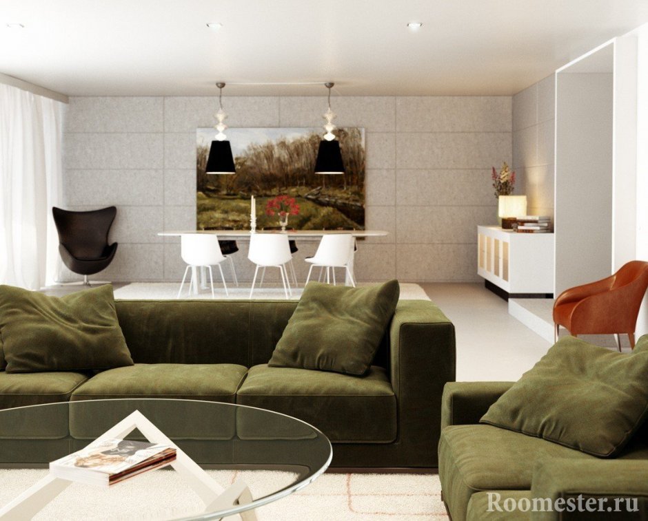Оливковый диван в гостиной