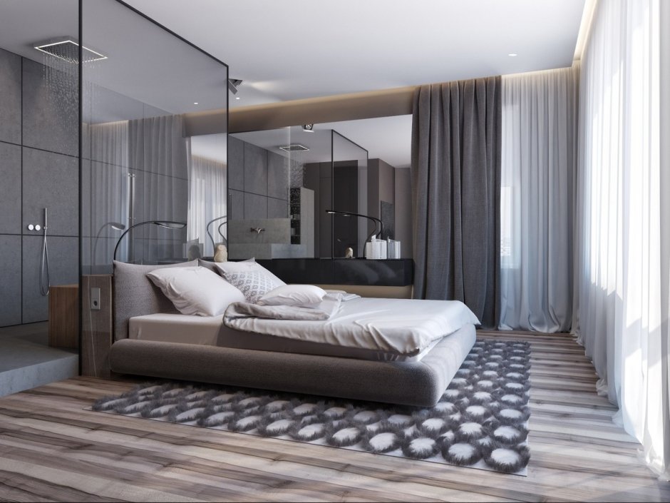 Современный интерьер спальни в серых тонах