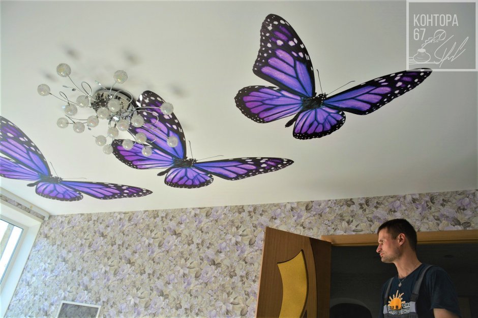 Натяжные потолки с бабочками в зал