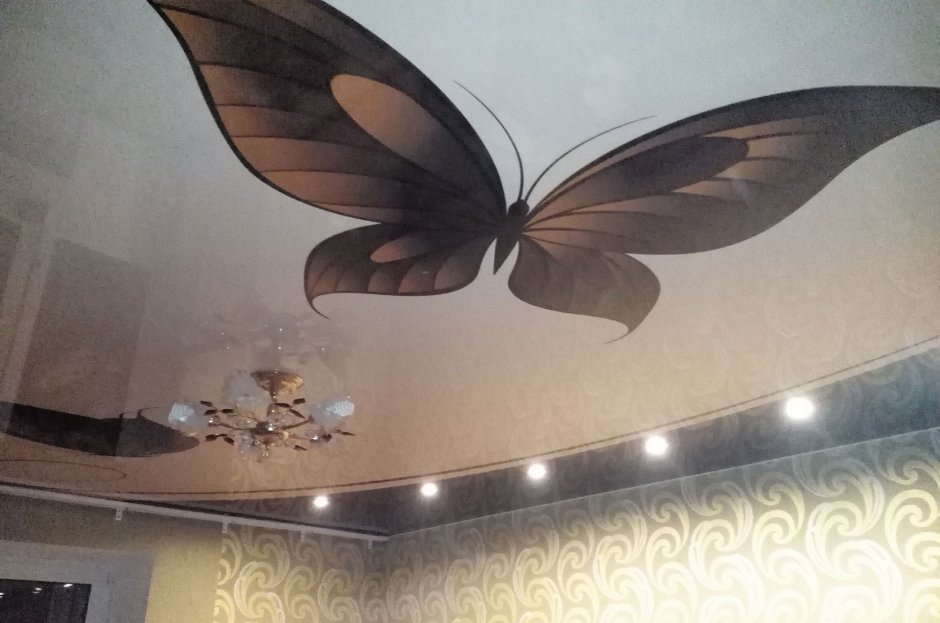 Натяжные потолки с бабочками в комнате