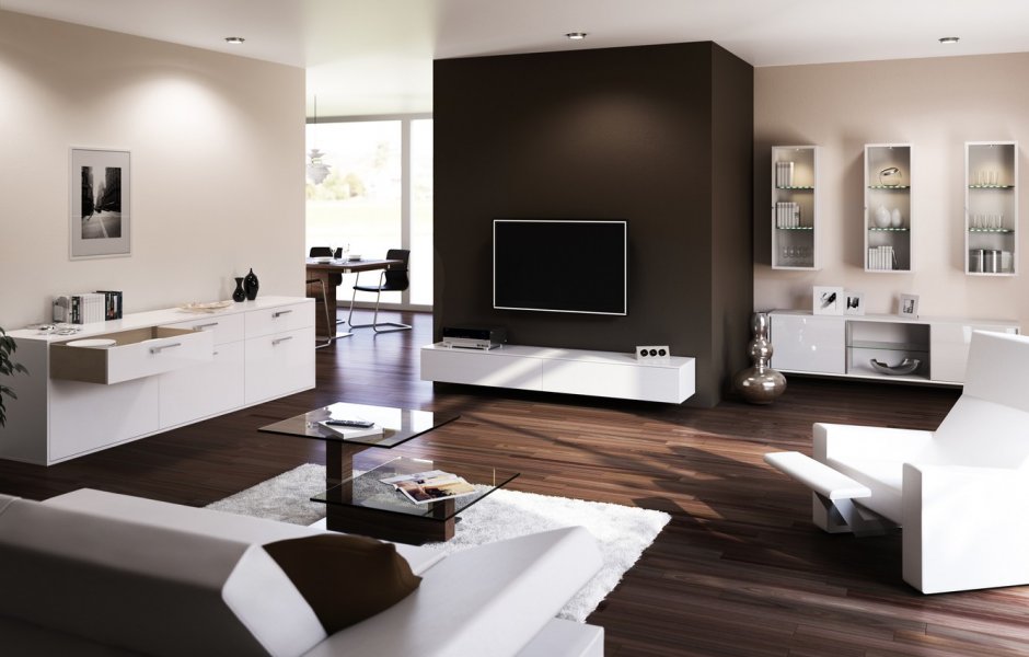 Белая мебель коричневый пол