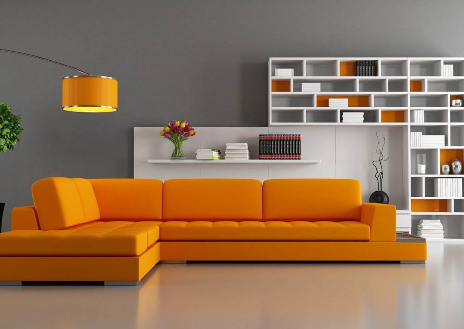 Оранжевый цвет дивана в интерьере