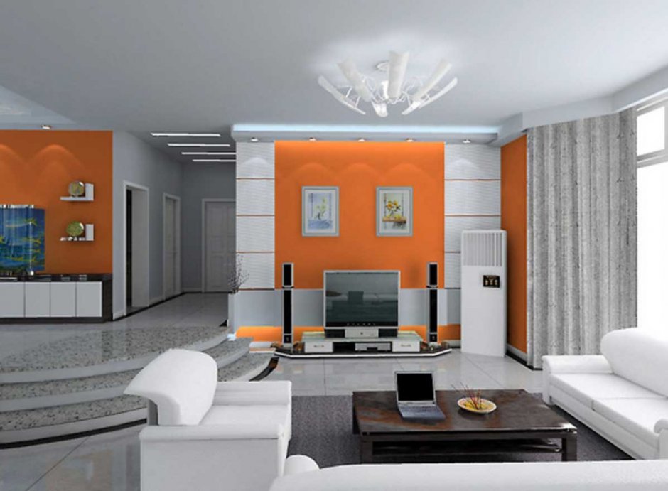 Дизайн гостиной в серо оранжевых тонах