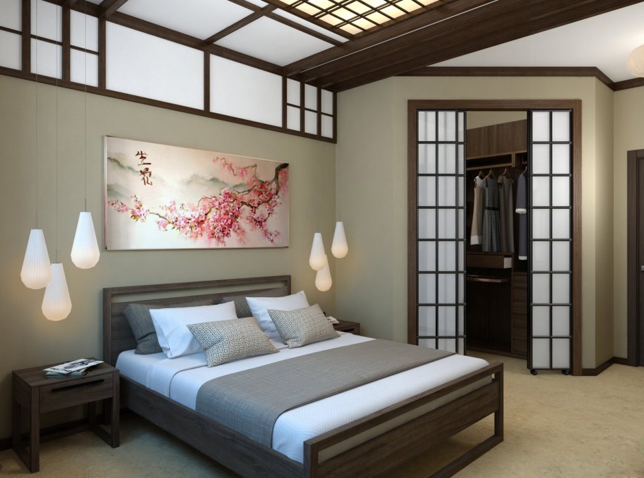 Кровать в японском стиле в интерьере