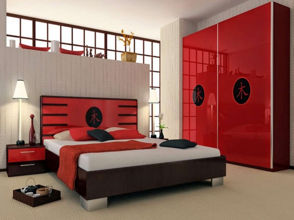 Красный шкаф в интерьере спальни