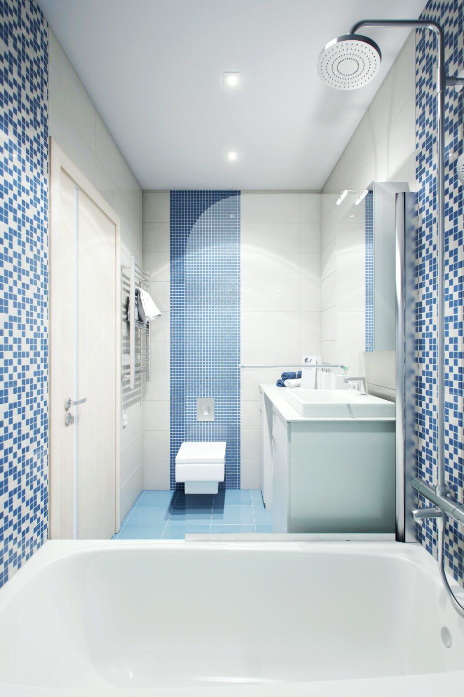 Ванная комната с голубой мозаикой