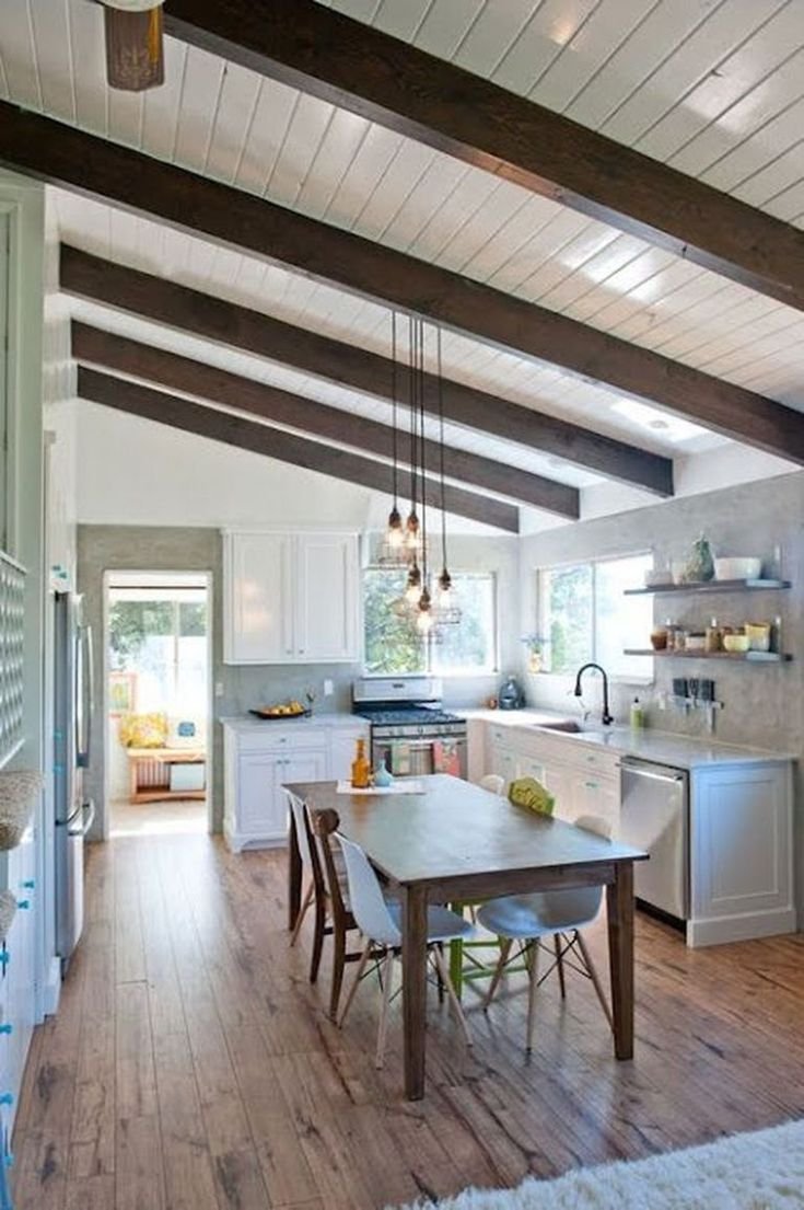 Деревянный потолок на кухне (60 фото)