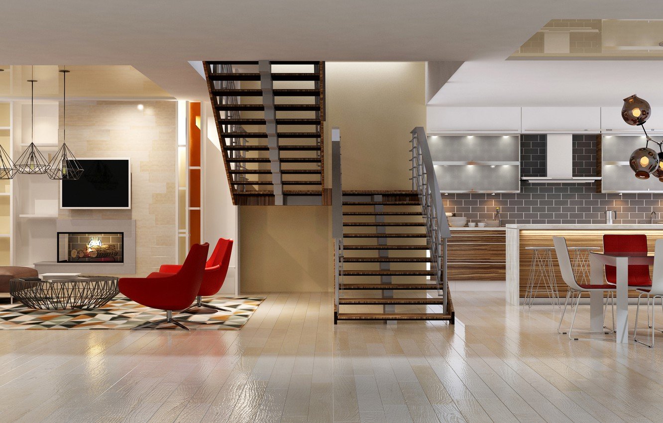 Интерьеры домов: кухни/лестницы, при этом современные