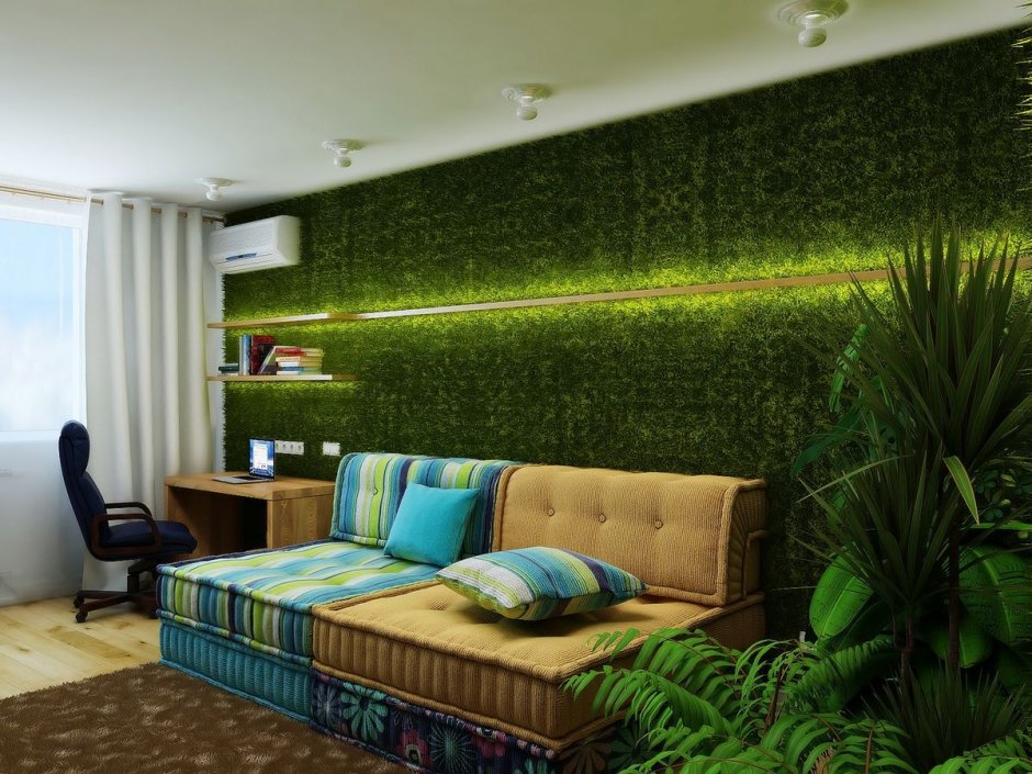 Зеленый ковролин на стене