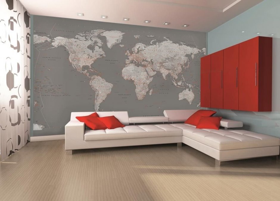 Фотообои карта мира в интерьере гостиной