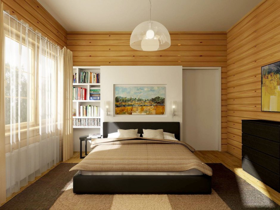 Интерьер маленькой спальни в деревянном доме