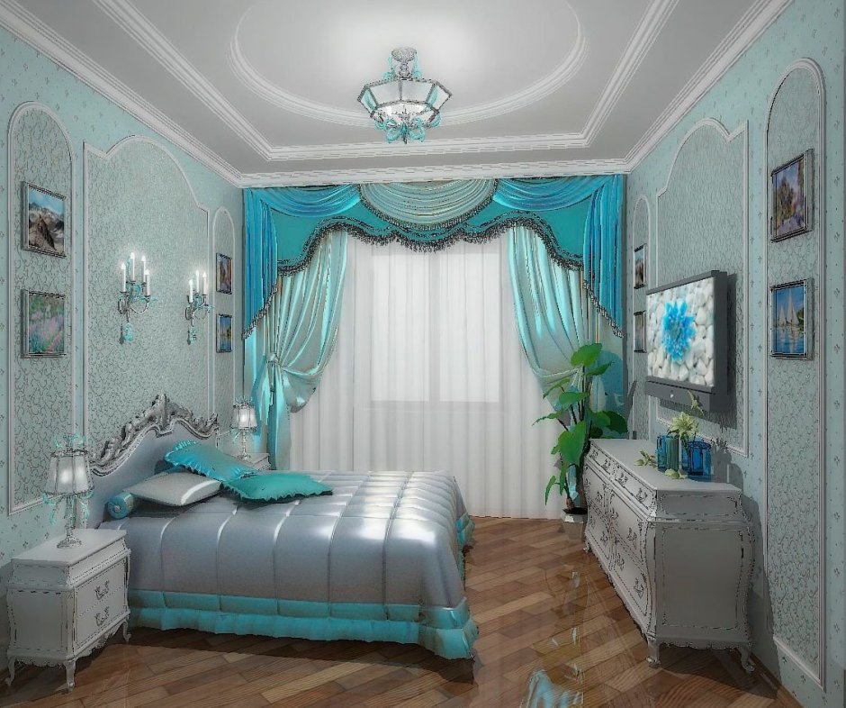 Бирюзовая спальня в стиле классика