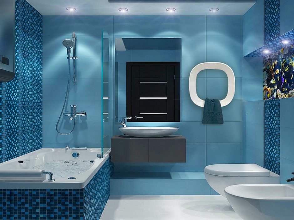 Сине голубая ванная комната