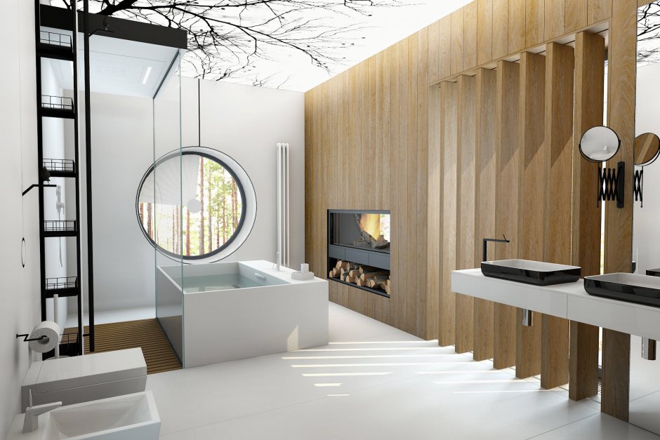 Современная просторная ванная комната с отделкой деревом