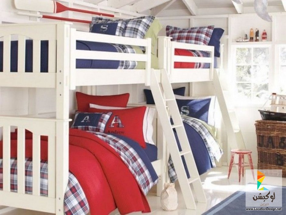 Детская комната в бело синих тонах с двухъярусной кроватью