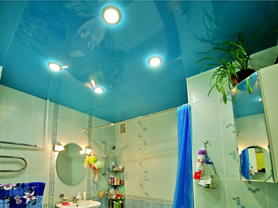 Натяжные потолки со светильниками в ванных комнатах (60 фото)
