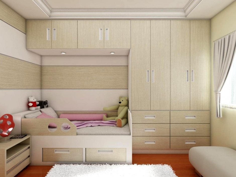 Встроенная мебель для маленькой детской спальни