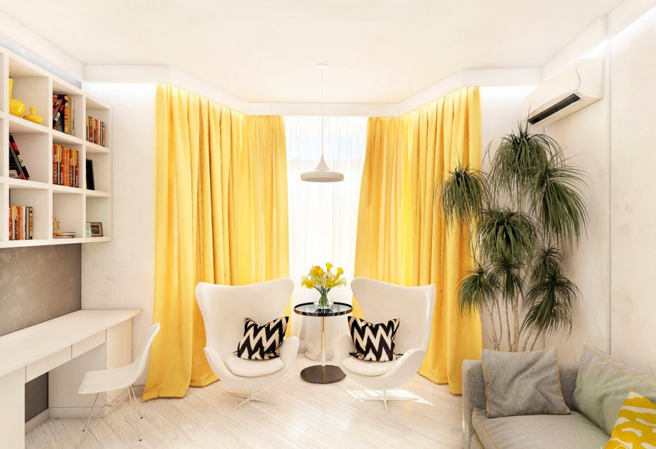 Желтые шторы в интерьере гостиной