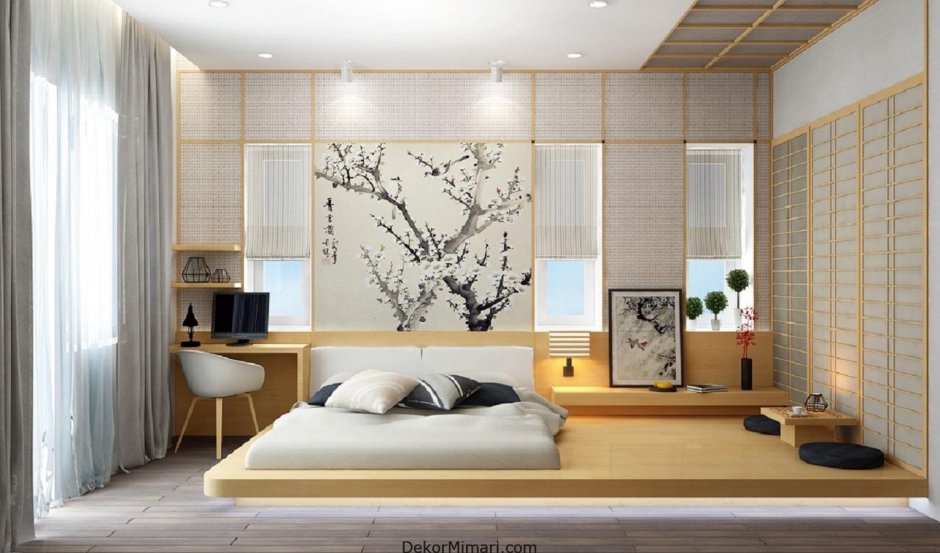 Спальня в японском стиле ваниль и кофе