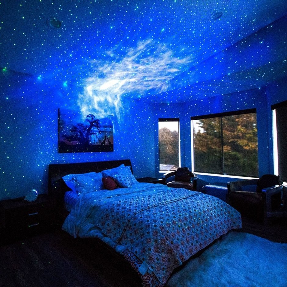 Включи подсветку космос. Led Starry Sky проектор. Спальня в космическом стиле. Комната в стиле космос. Потолок в стиле космос.