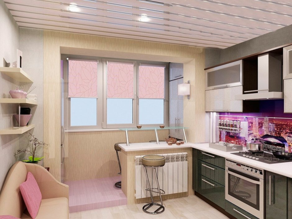 Дизайн кухонь совмещенных с балконом (60 фото)