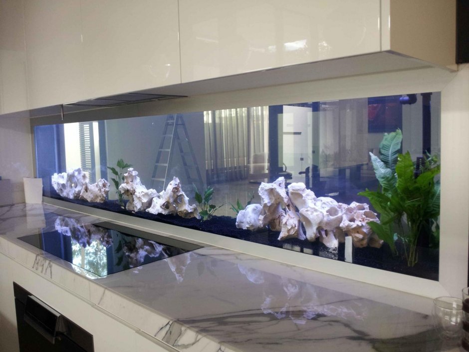Большой аквариум в интерьере кухни