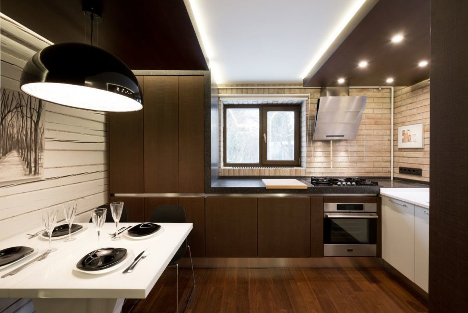 Интерьеры маленьких кухонь с натяжными потолками (57 фото)