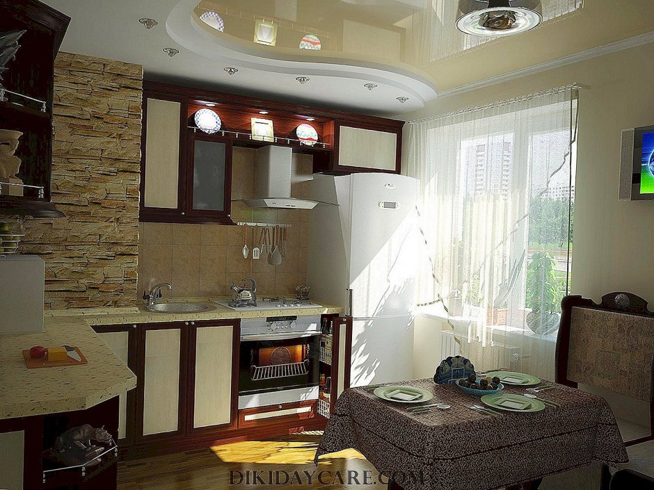 Камин в комнате с натяжным потолком фото для маленькой кухни