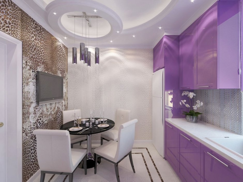 Проект дизайна интерьера кухни 10 кв прямоугольная в фиолетовых тонах