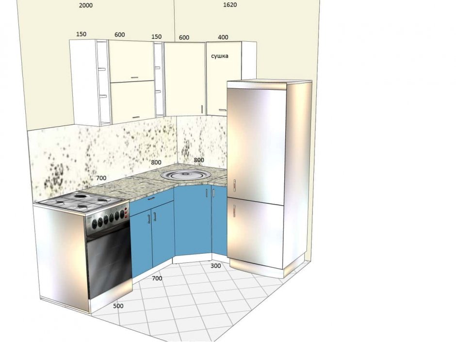 Маленькая угловая кухня с холодильником 1.60 на 2м с размерами