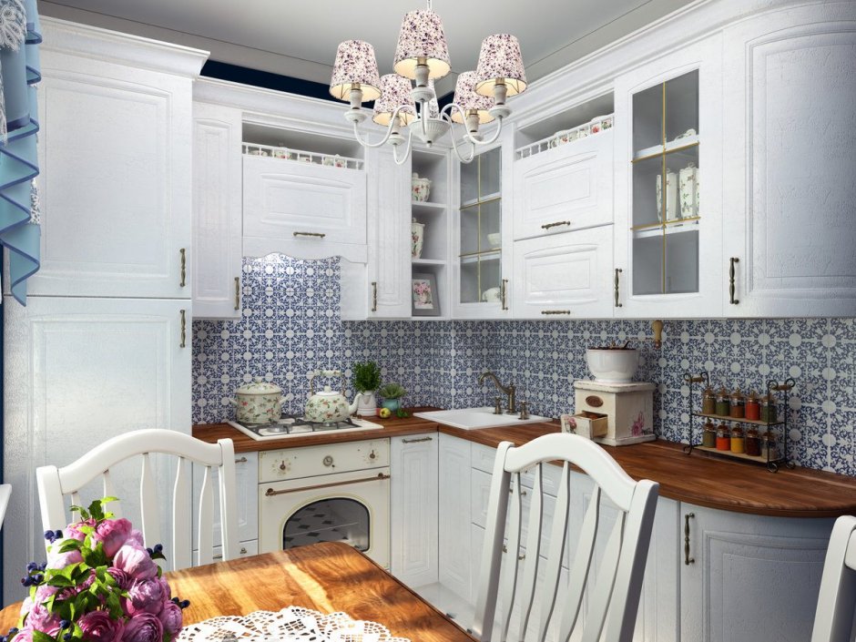 Белая кухня в стиле Прованс в малогабаритной кухне