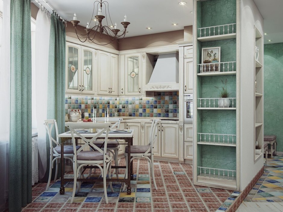 Кухня в стиле Прованс в малогабаритной кухне берюзовава цвета