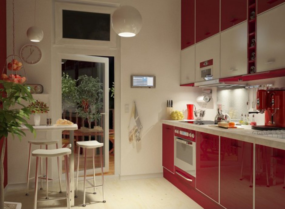 Кухня с балконом красная с белым