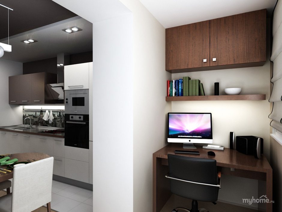 Кухня в однокомнатной квартире с компьютером визуализация