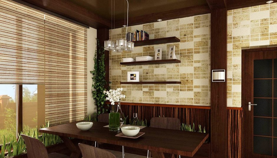 Кухня с деревянными панелями на стене