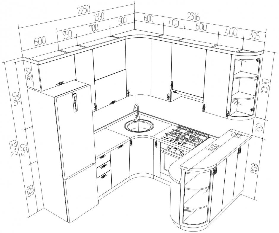 Проекты кухонных гарнитуров с размерами угловые