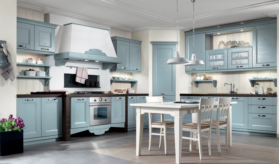 Серо голубой цвет в интерьерах кухонь (58 фото)