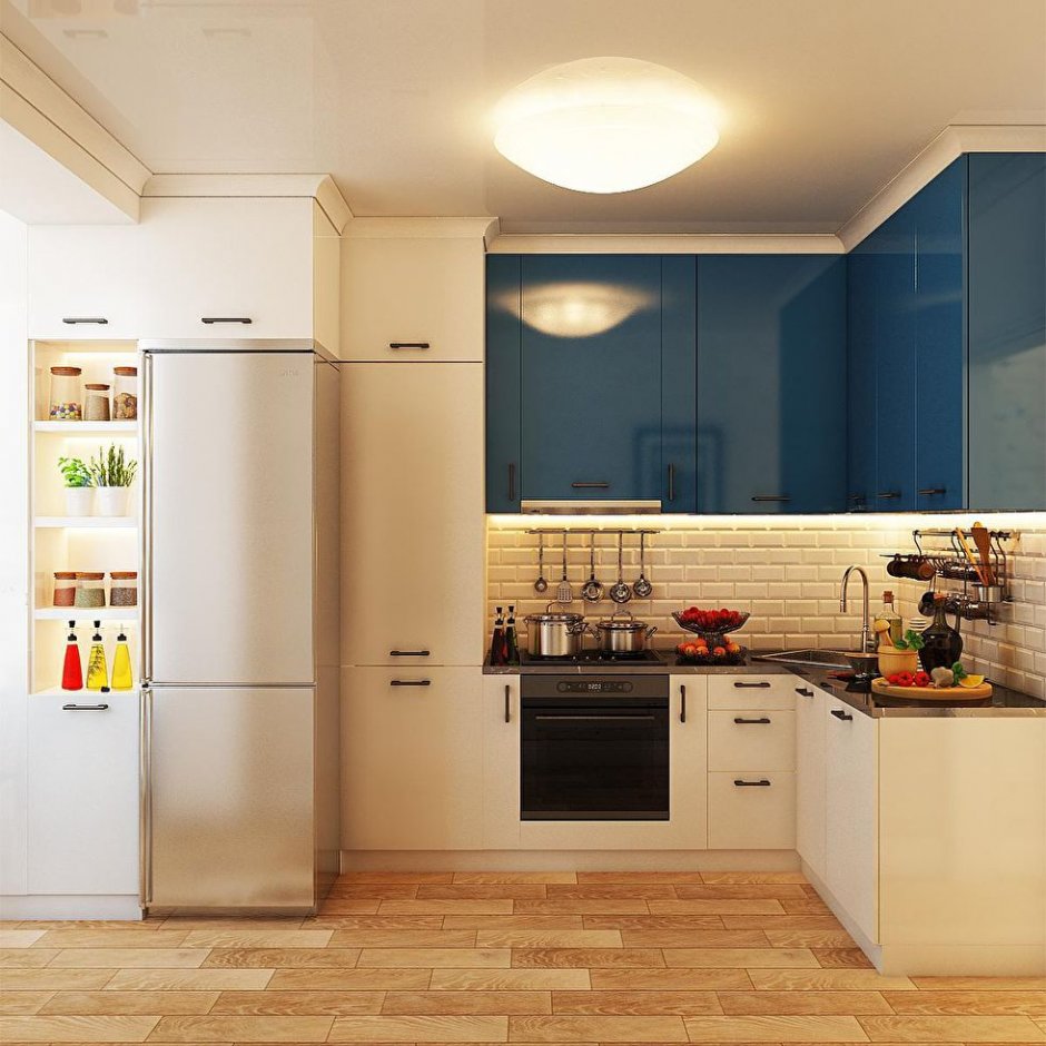 Кухня с бежевым холодильником