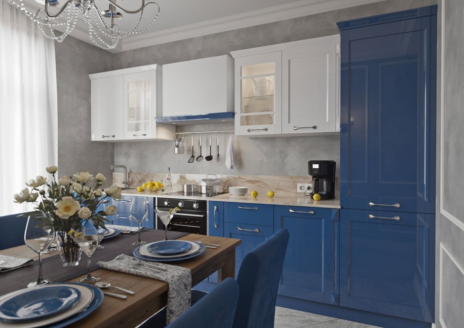 Интерьеры серо синих кухонь (58 фото)