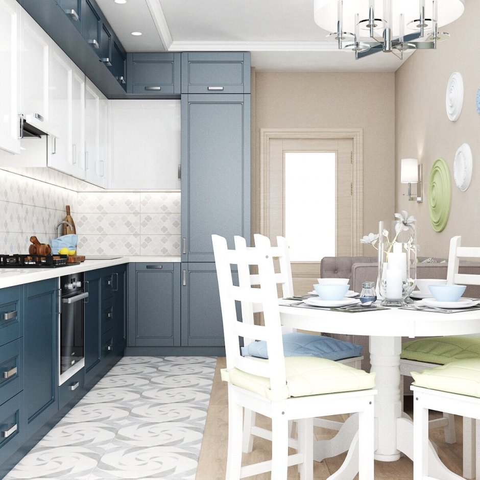Белая кухня с серо голубыми стенами