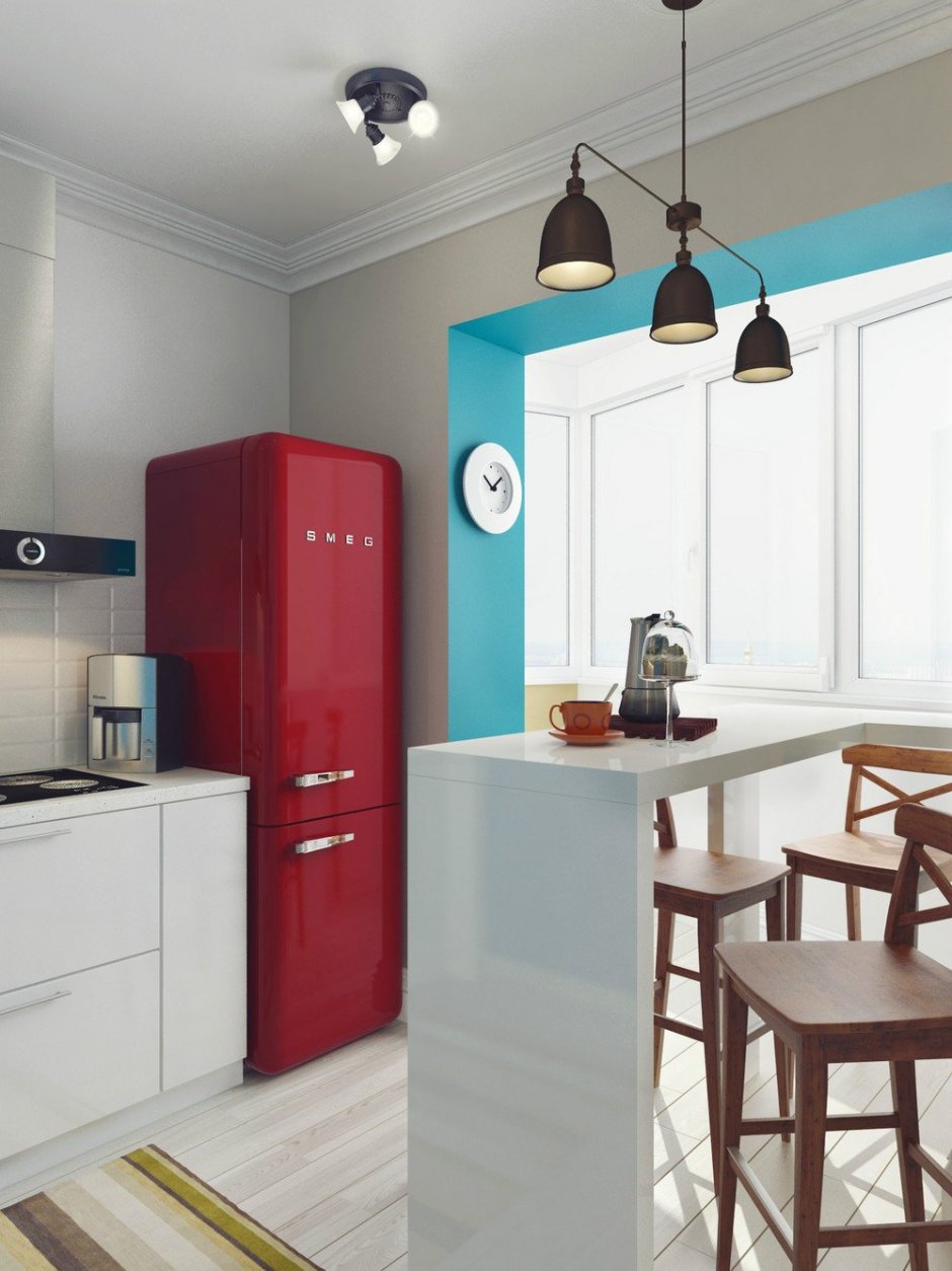 Холодильник в интерьере кухни в скандинавском стиле