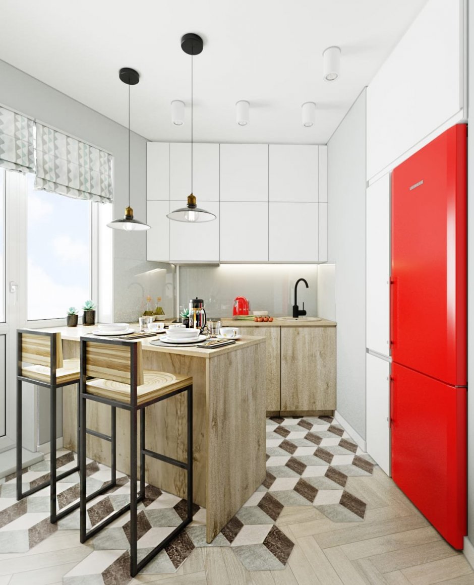 Кухня лофт с красным холодильником
