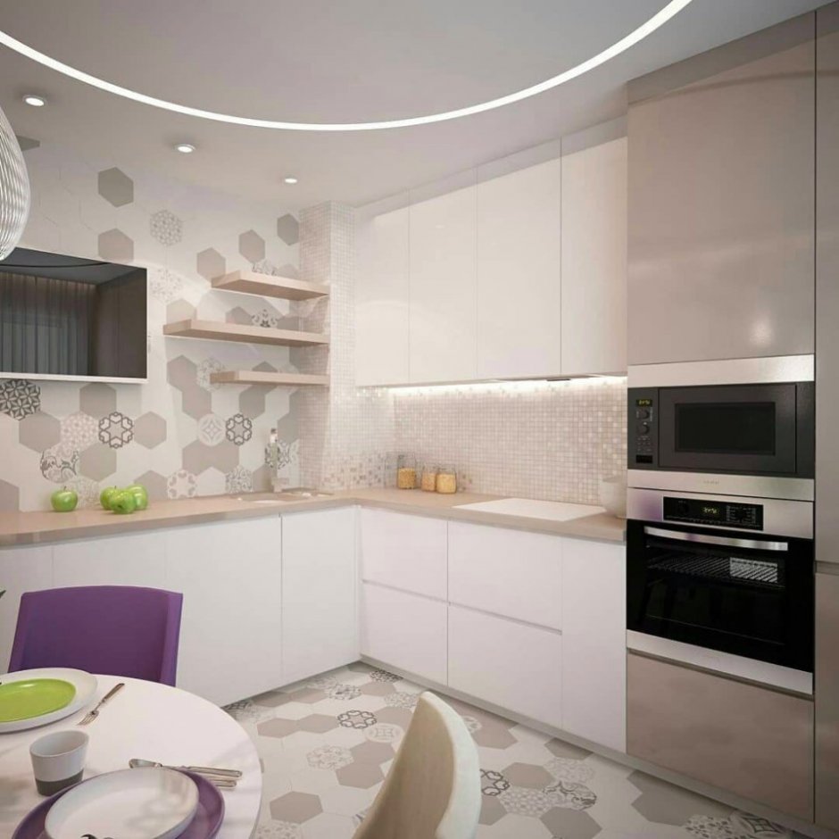 Угловые кухни в пастельных тонах