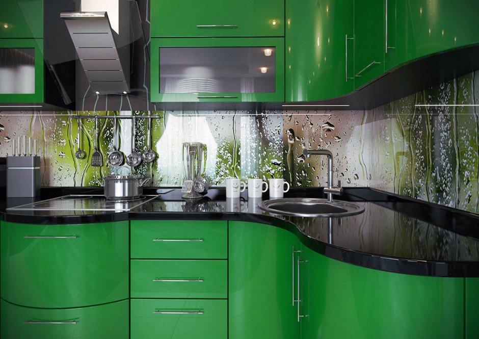 Кухня с зеленым фартуком (58 фото)