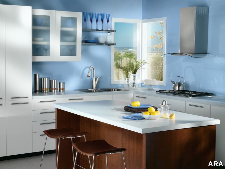 Голубые стены на кухне (58 фото)