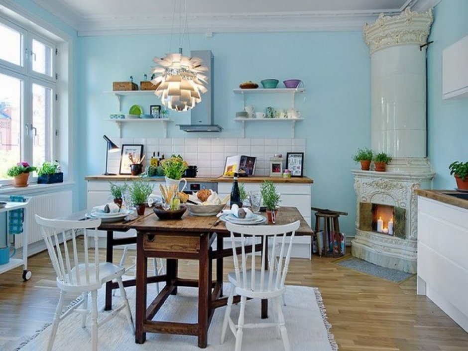 Голубая кухня в скандинавском стиле