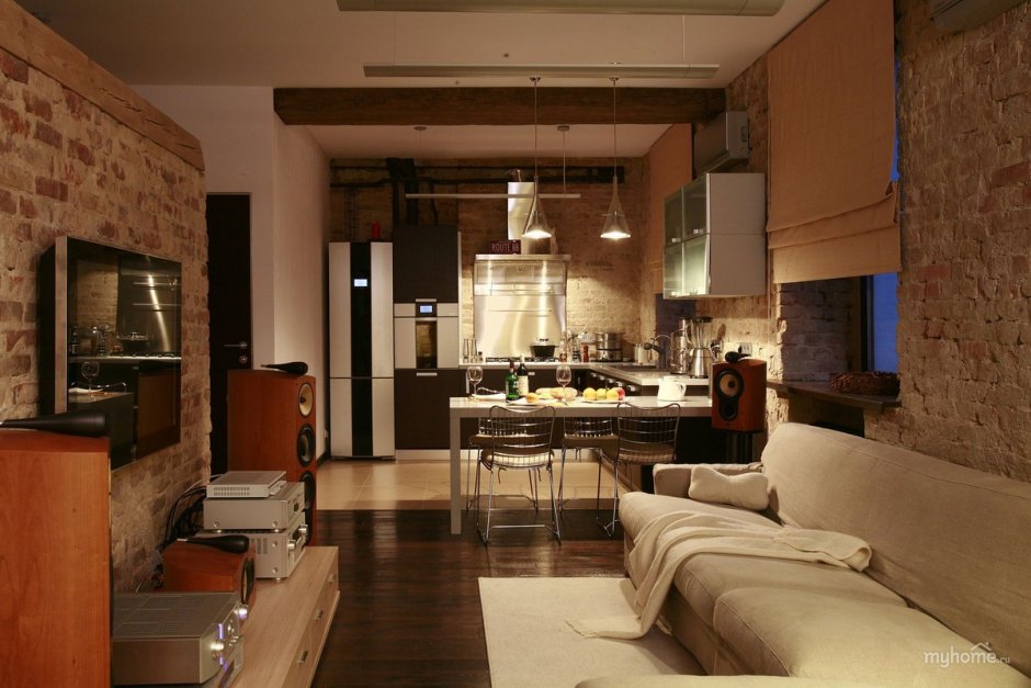 Кухня гостиная в стиле лофт 18 кв м