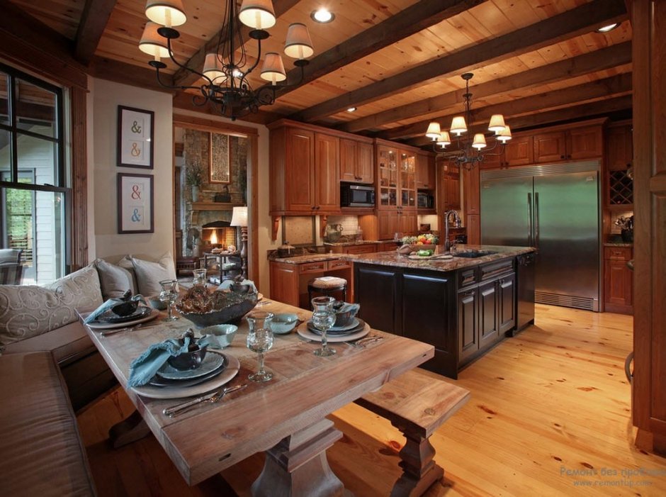 Кухни в стиле Шале в деревянном доме